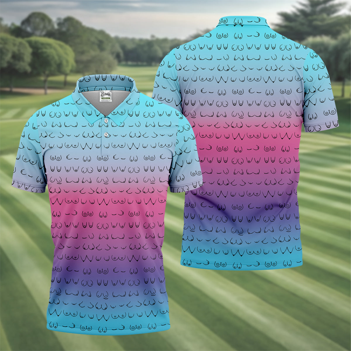 Blue Pink Ombre Boobs Golf Shirt, Fun Men's Golf Polos, Cool Golf Gifts, Polo For Men