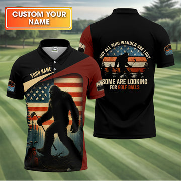 Bigfoot Golf Shirt, Patriotic Golf Polo Shirts, Men's Long Seeve Golf Shirts, Golf Gifts For Men