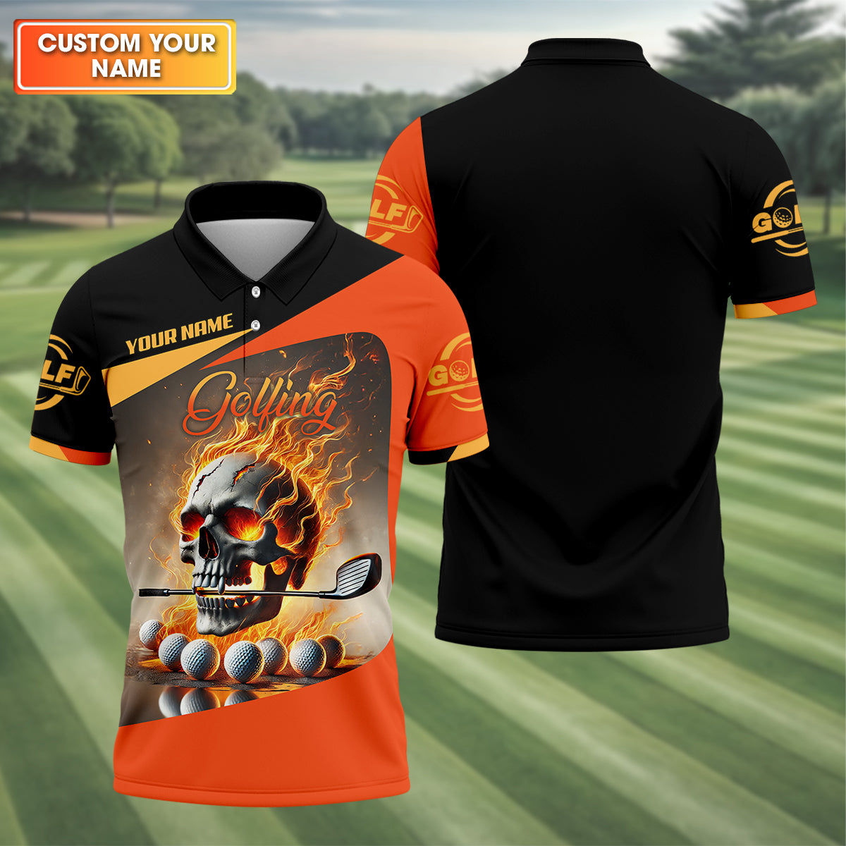 Custom Flame Skull Golf Polo Shirt, Golfing Apparel, Mens Golf Gift, Funny Golf Shirt