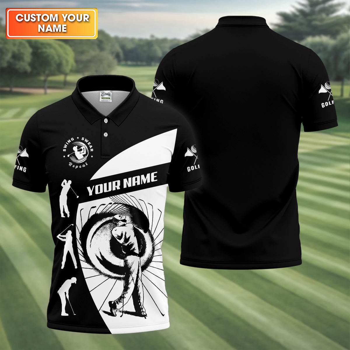 Swing Swear Repeat Custom Funny Golf Polo Shirt, Dad Golf Gifts
