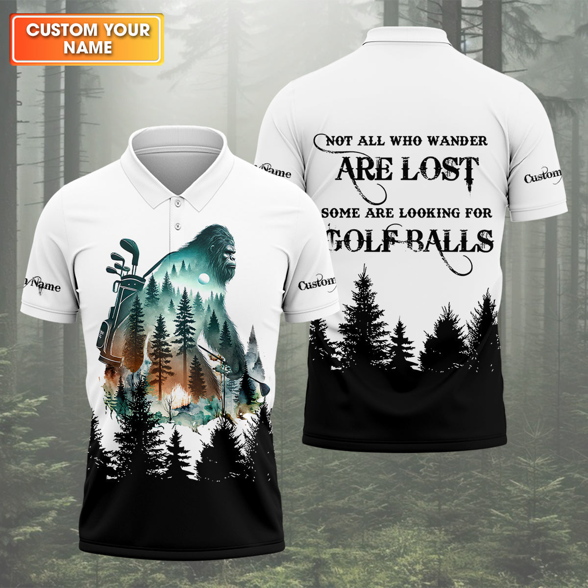 Not All Who Wander Are Lost Bigfoot Hunter Men's Golf Polo Shirt, Golf Lover Gifts, Funny Golf Shirt