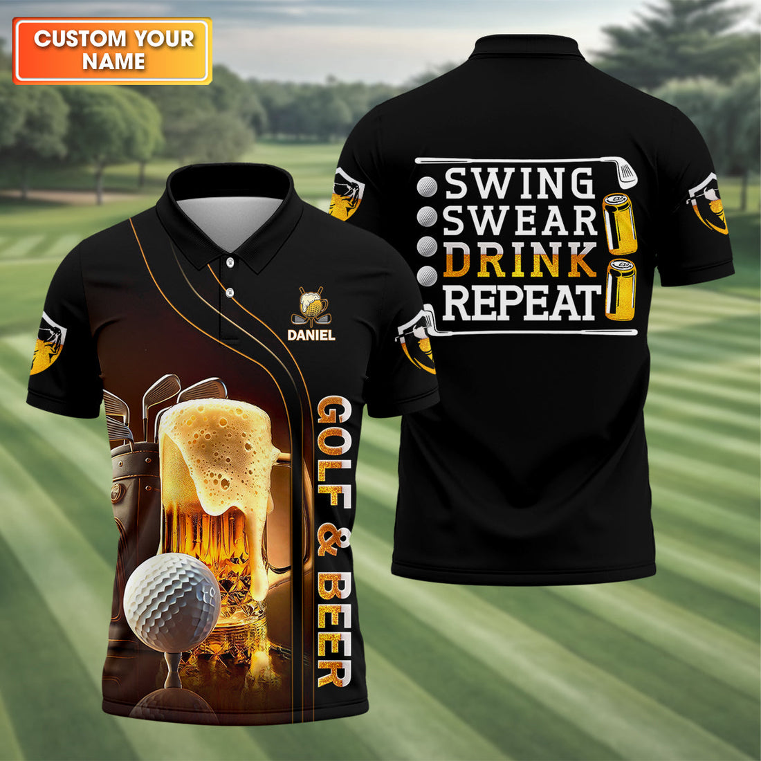 Swing Swear Drink Repeat Funny Golf Polo Shirt, Mens Golf Gift, Golf Lover Gift