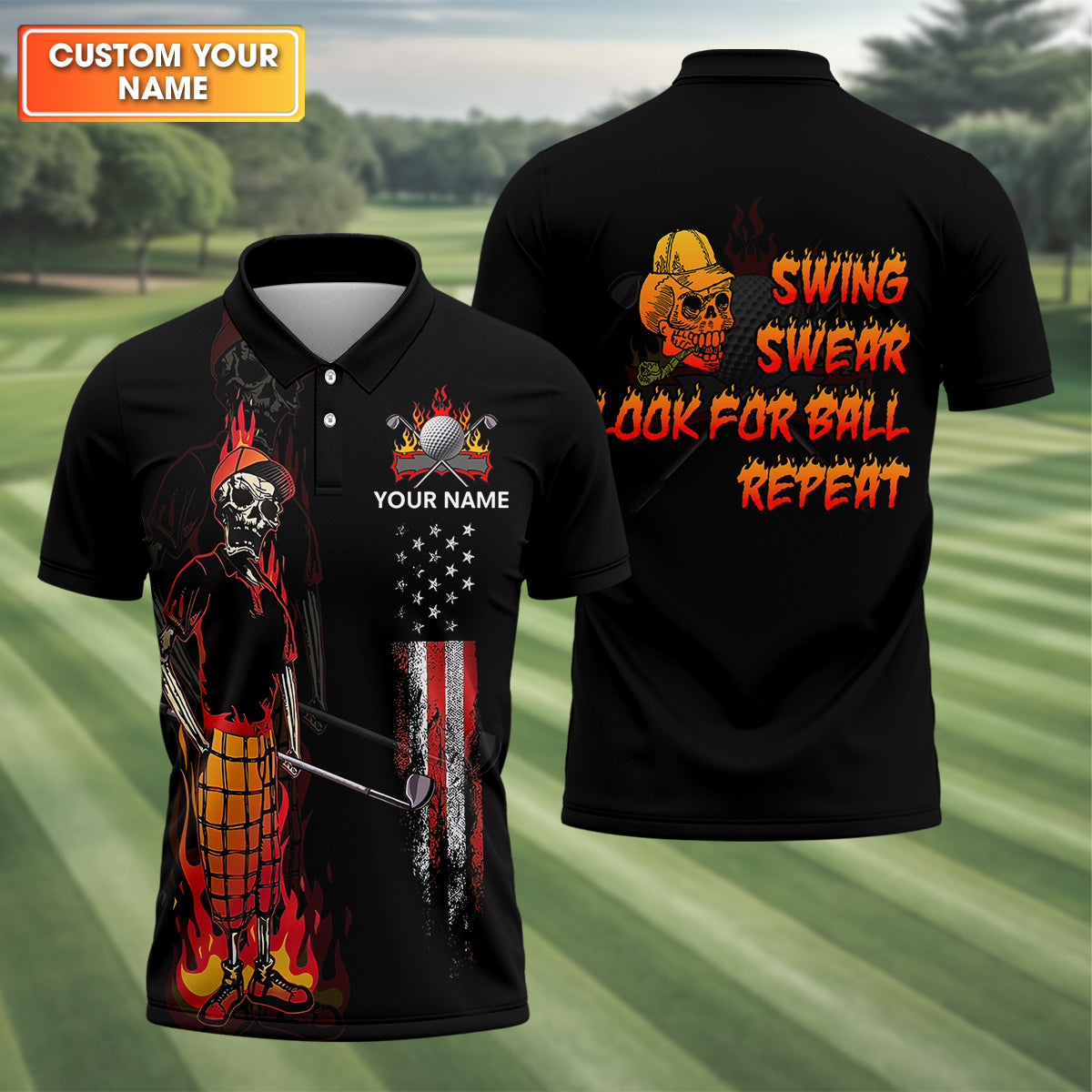 Custom Flaming Skeleton Men's Golf Polo Shirt, Mens Golf Gift, Funny Golf Shirt