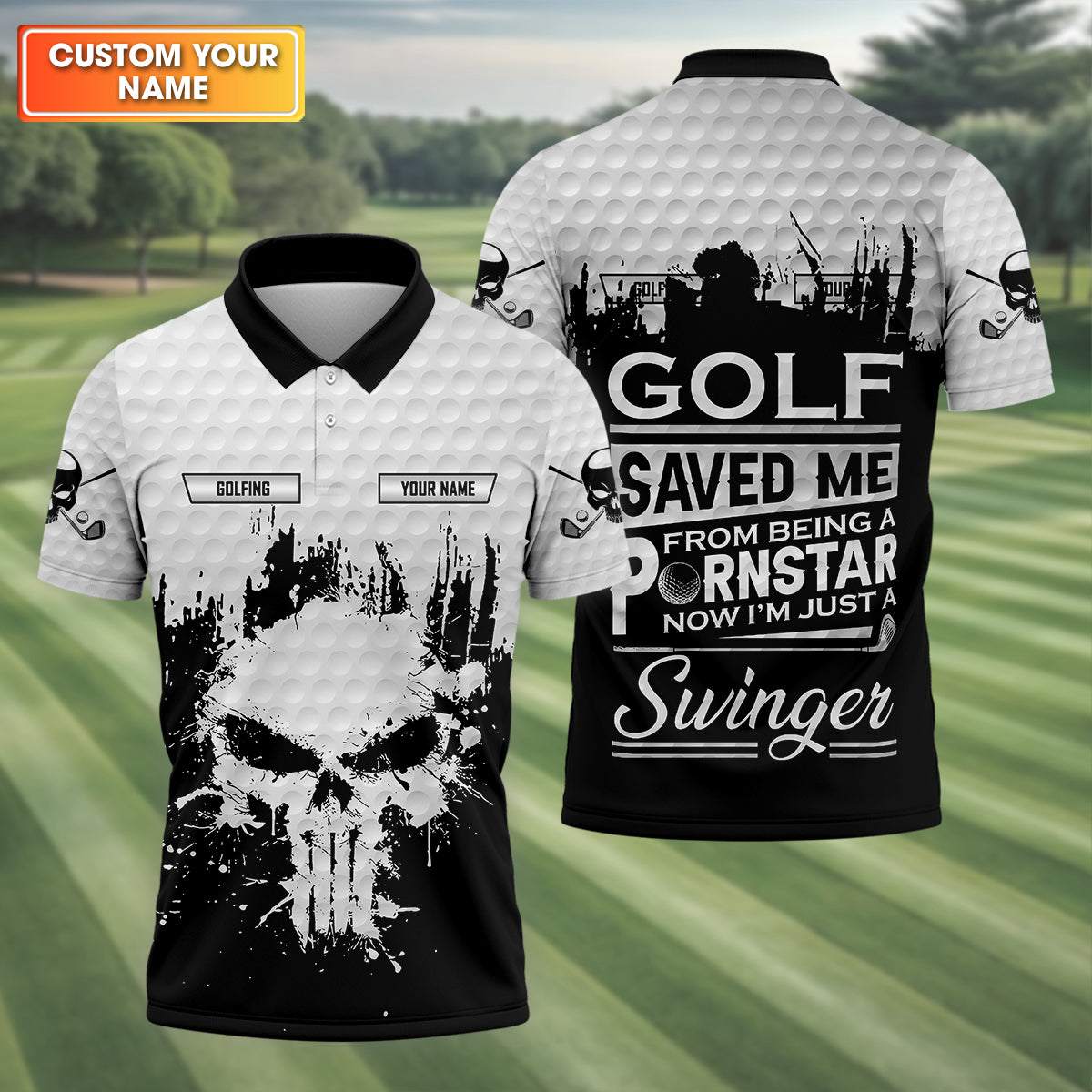 Golf Saved Me From Being A Porn Star Now I'm Just A Swinger Custom White Skull Golf Polo Shirt, Dad Golf Gift