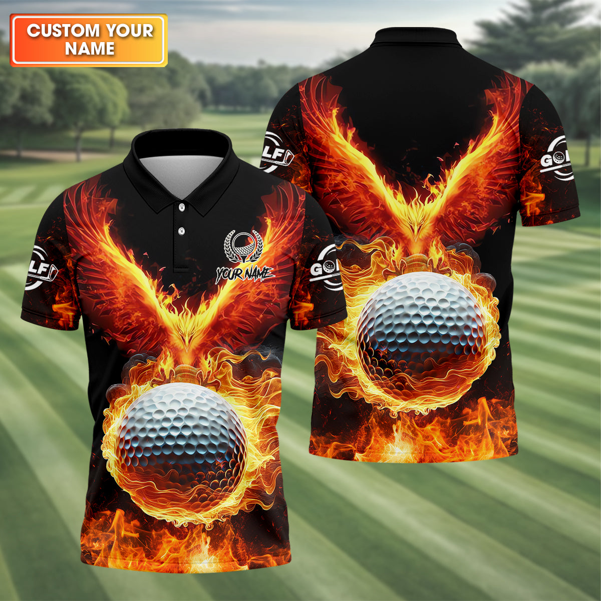 Fire Golf Ball Custom Men's Golf Polo Shirt, Golfing Apparel, Golf Gifts For Men