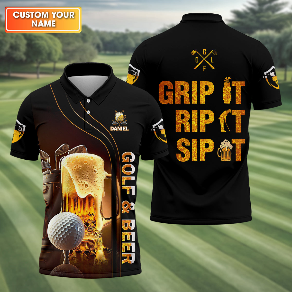 Grip It Rip It Sip It Golf Beer Shirt, Fun Golf Shirts For Men, Funny Golf Polo Shirt, Dad Golf Gifts