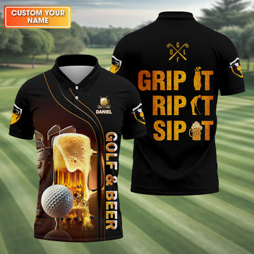 Grip It Rip It Sip It Golf Beer Shirt, Fun Golf Shirts For Men, Funny Golf Polo Shirt, Dad Golf Gifts