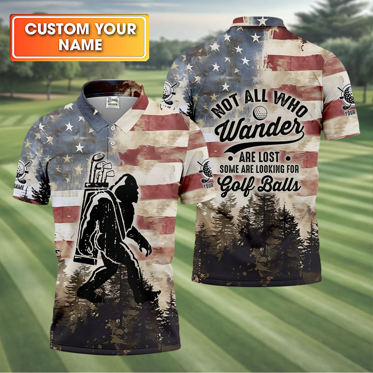 Patriotic Golf Polo Shirts, Bigfoot Golf Shirt, Men's Long Seeve Golf Shirts, Golf Gifts For Men