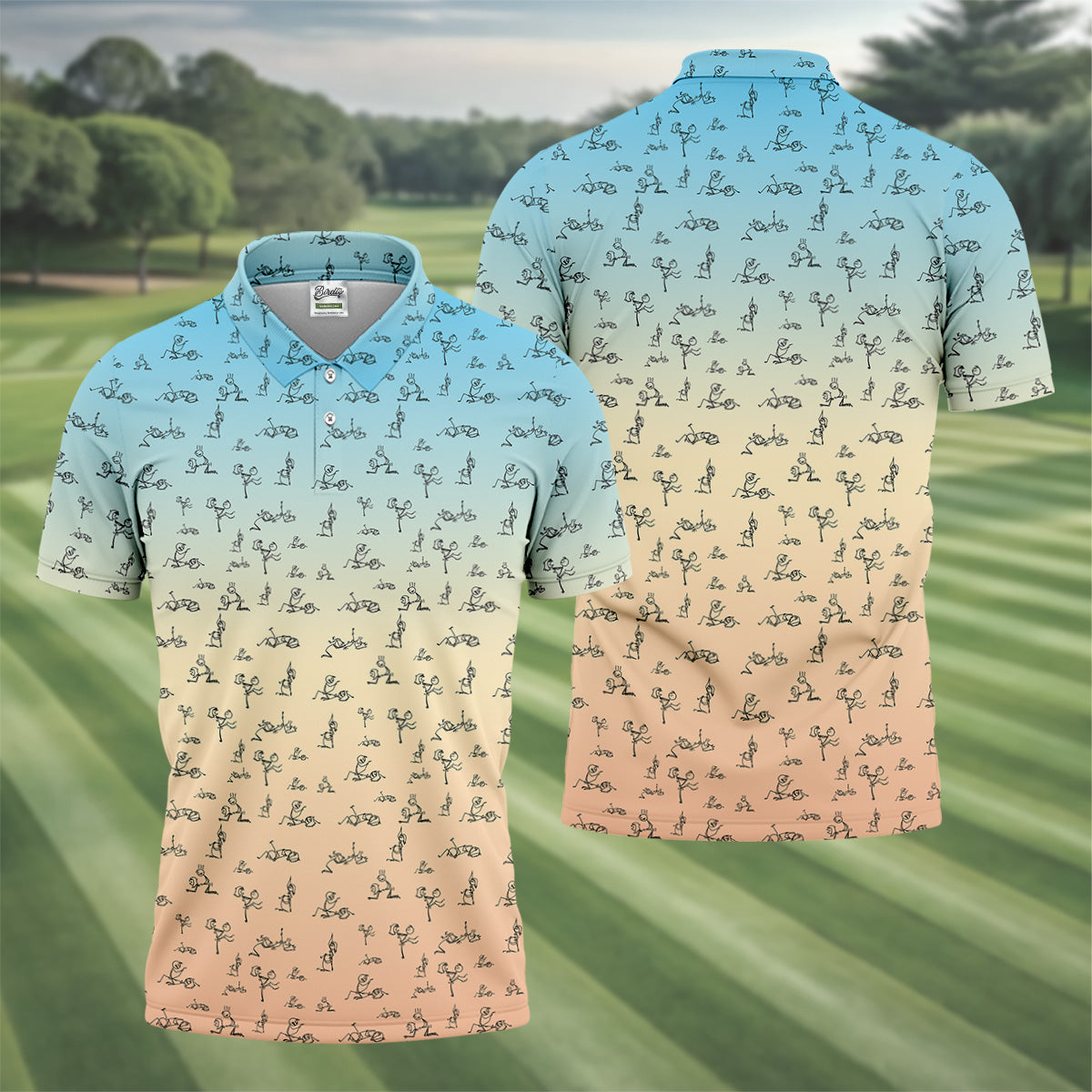 Stickman Couple Blue Orange Fun Men's Golf Polos, Unique Gift For Golfer, Polo For Men