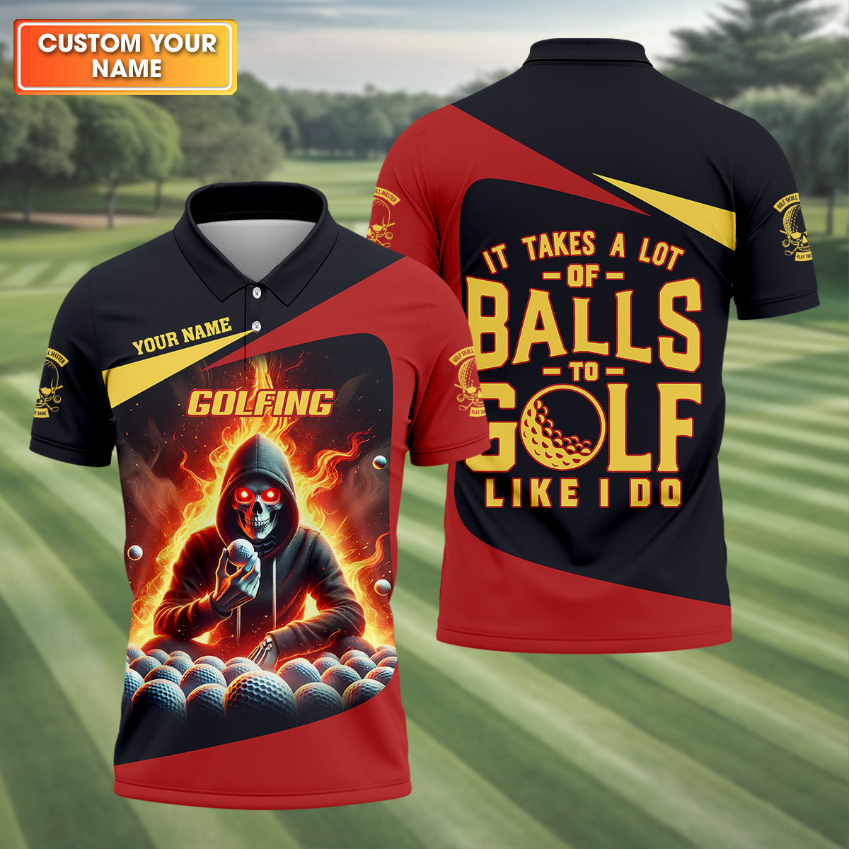 It Takes A Lot of Balls to Golf Like I Do Custom Skull Funny Golf Polo Shirt, Dad Golf Gifts