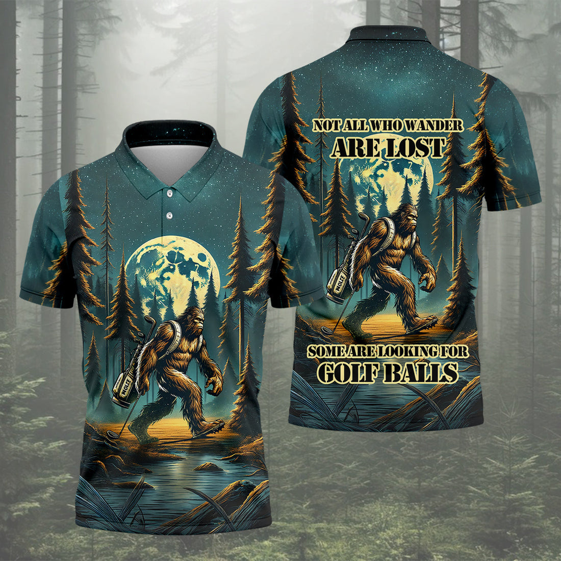 Bigfoot Forest Custom Men's Funny Golf Polo Shirt, Golf Gifts For Dad, Golf Presents