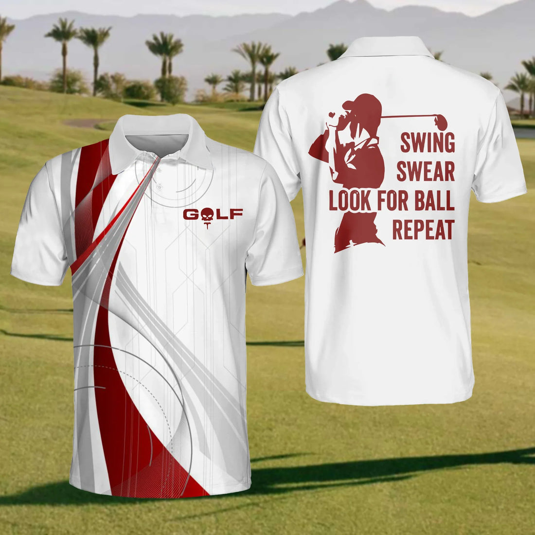 Swing Swear Look For Ball Repeat Mens Golf Polo Shirt, Mens Golf Gift, Golf Lover Gift