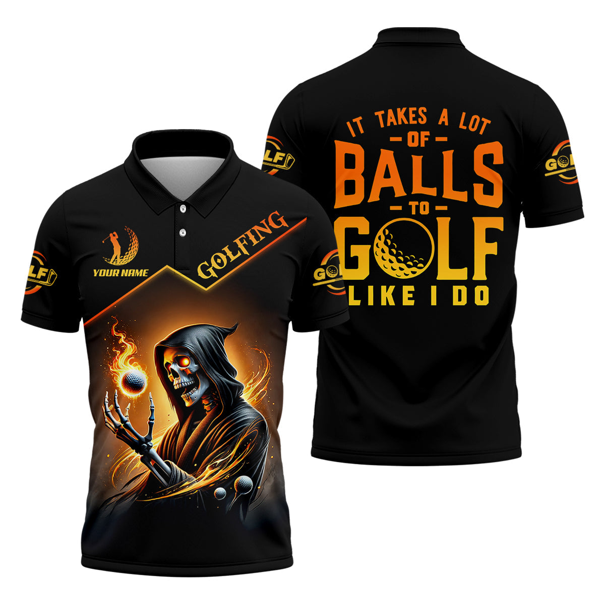 It Takes A Lot Of Golf Balls To Golf Like I Do Golden Fire Custom Men's Golf Polo Shirt, Dad Golf Gifts