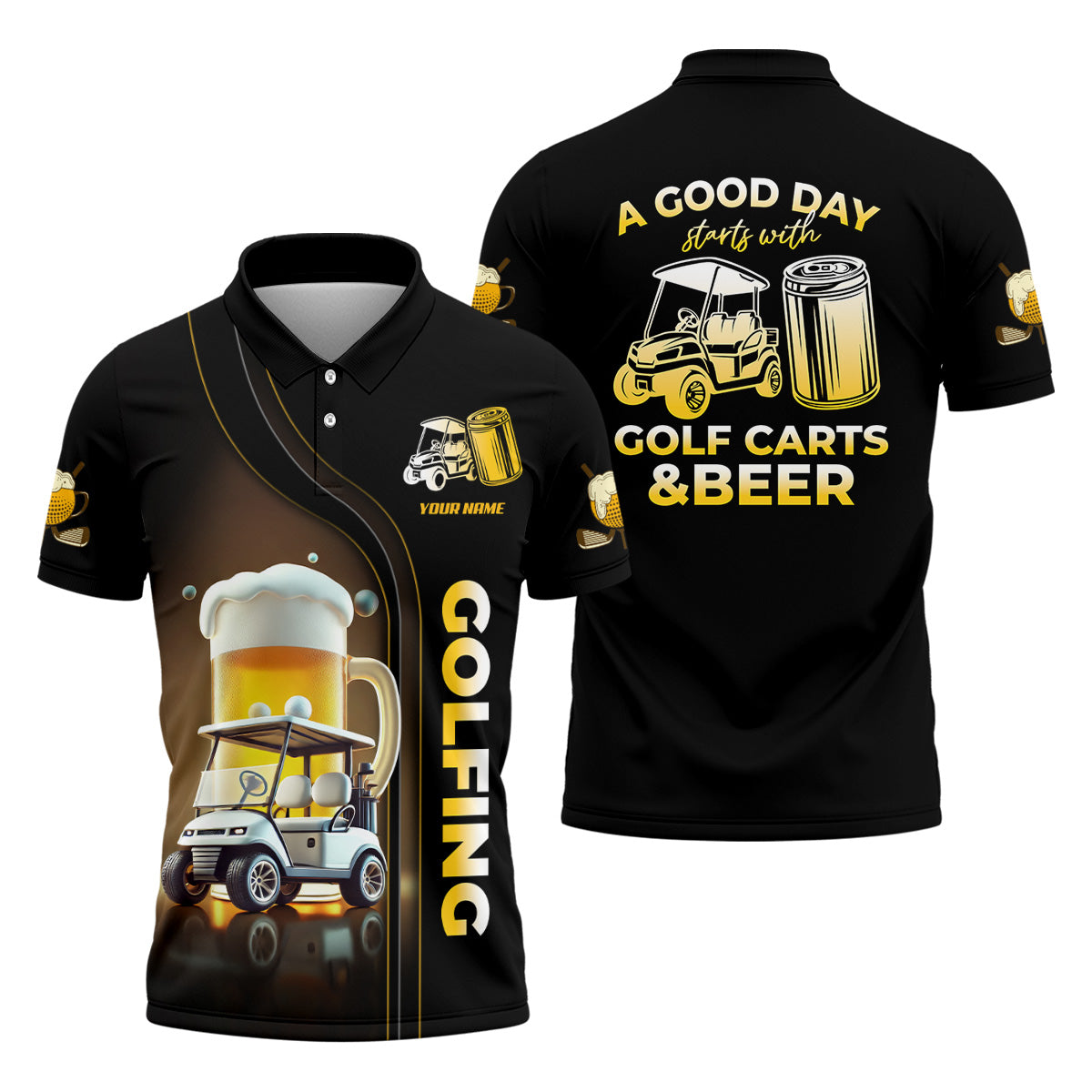 A Good Day Starts With Golf Carts And Beer Custom Men's Golf Polo Shirt, Funny Golf Shirt, Dad Golf Gift