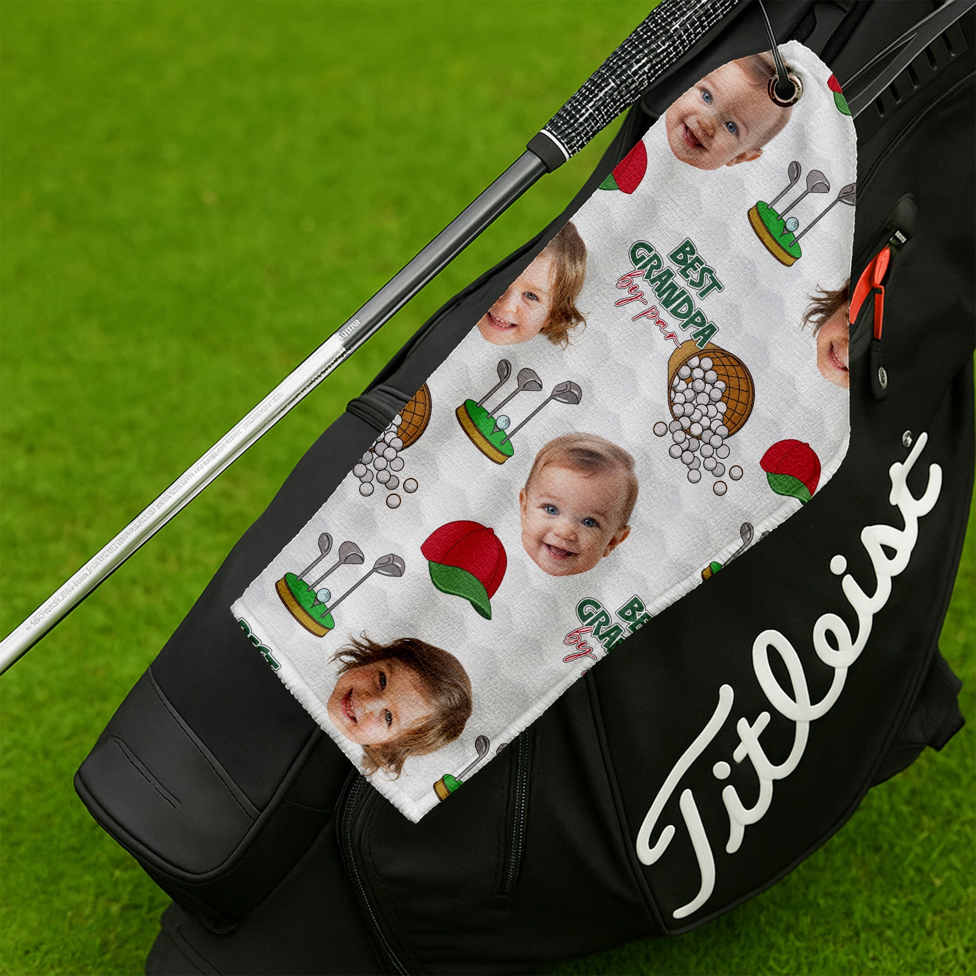 Best Grandpa By Par Custom Face White Small Funny Golf Towel, Golf Gift For Dad