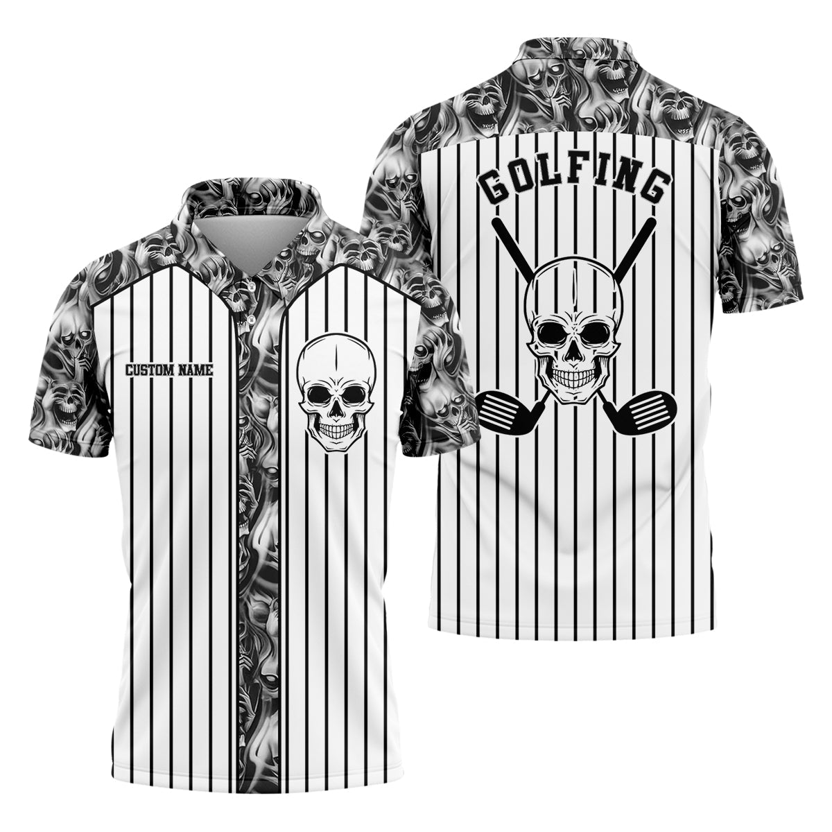 Custom Skull Polo Shirt, Golfing Apparel, Mens Golf Gift, Funny Golf Polos