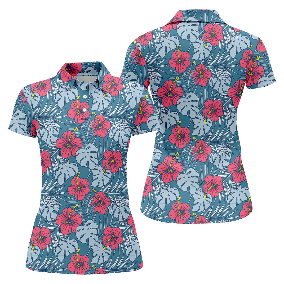 Hibiscus Flower And Leaf Patterned Golf Shirts, Womens Golf Polo Shirts, Tropical Golf Shirts