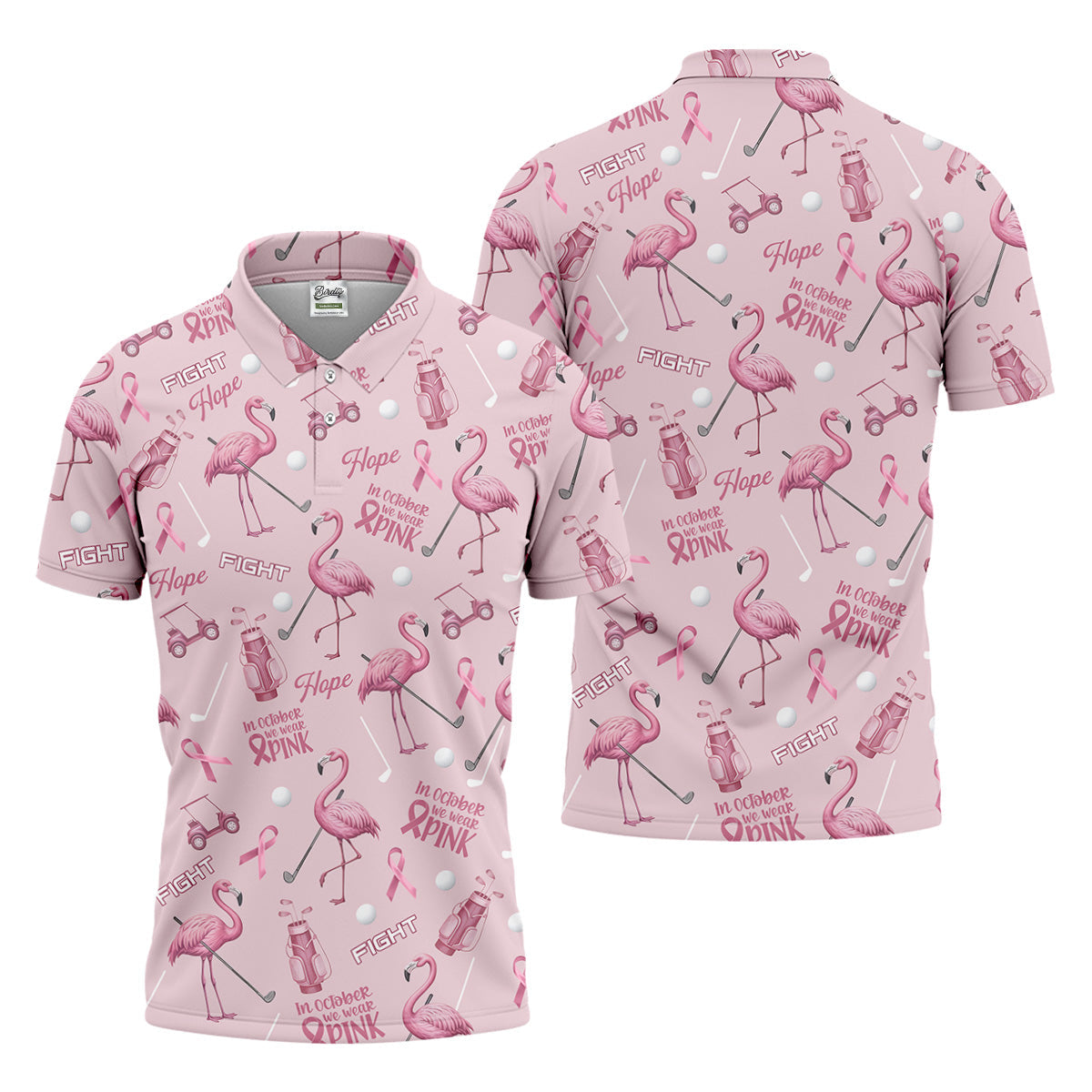 Funny Flamingo Pink Ribbon Men's Polo Shirt, Breast Cancer Awareness Shirt, Golf Shirts For Men