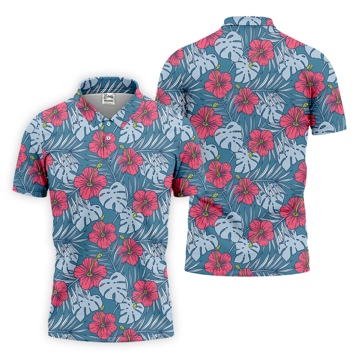 Hibiscus Flower And Leaf Patterned Golf Shirts, Men Golf Polo, Hawaiian Polo Golf Shirts, Matching Golf Shirts