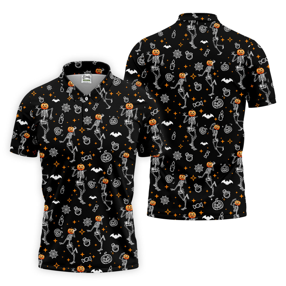 Skeleton Black Golf Shirt, Halloween Golf Shirt, Fun Golf Polos, Men's Long Seeve Golf Shirts, Golf Gifts For Men