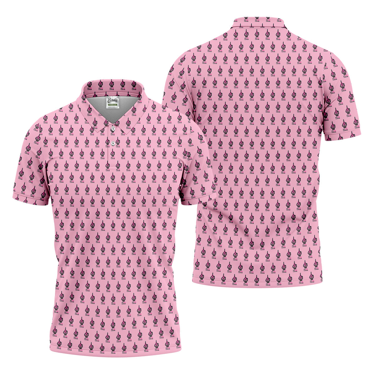 Funny Middle Finger Pink Men's Golf Shirt, Breast Cancer Golf Shirt, Fun Golf Shirts For Men