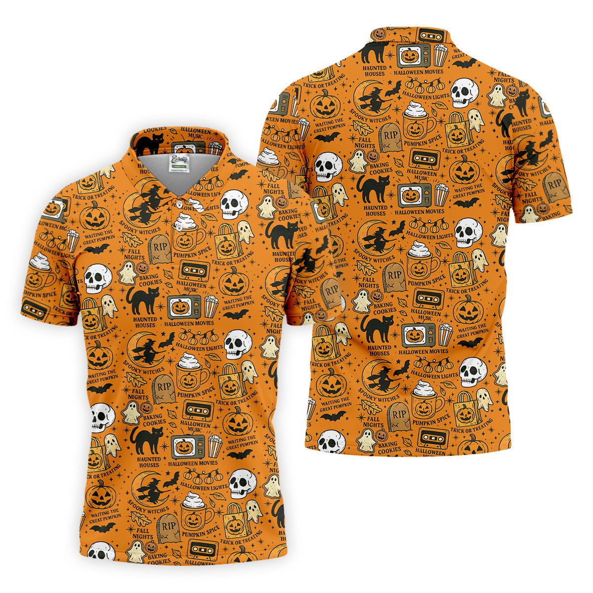 Orange Halloween Cat Golf Polo Shirts, Halloween Theme Shirts, Mens Golf Polo Shirts, Golfing Apparel