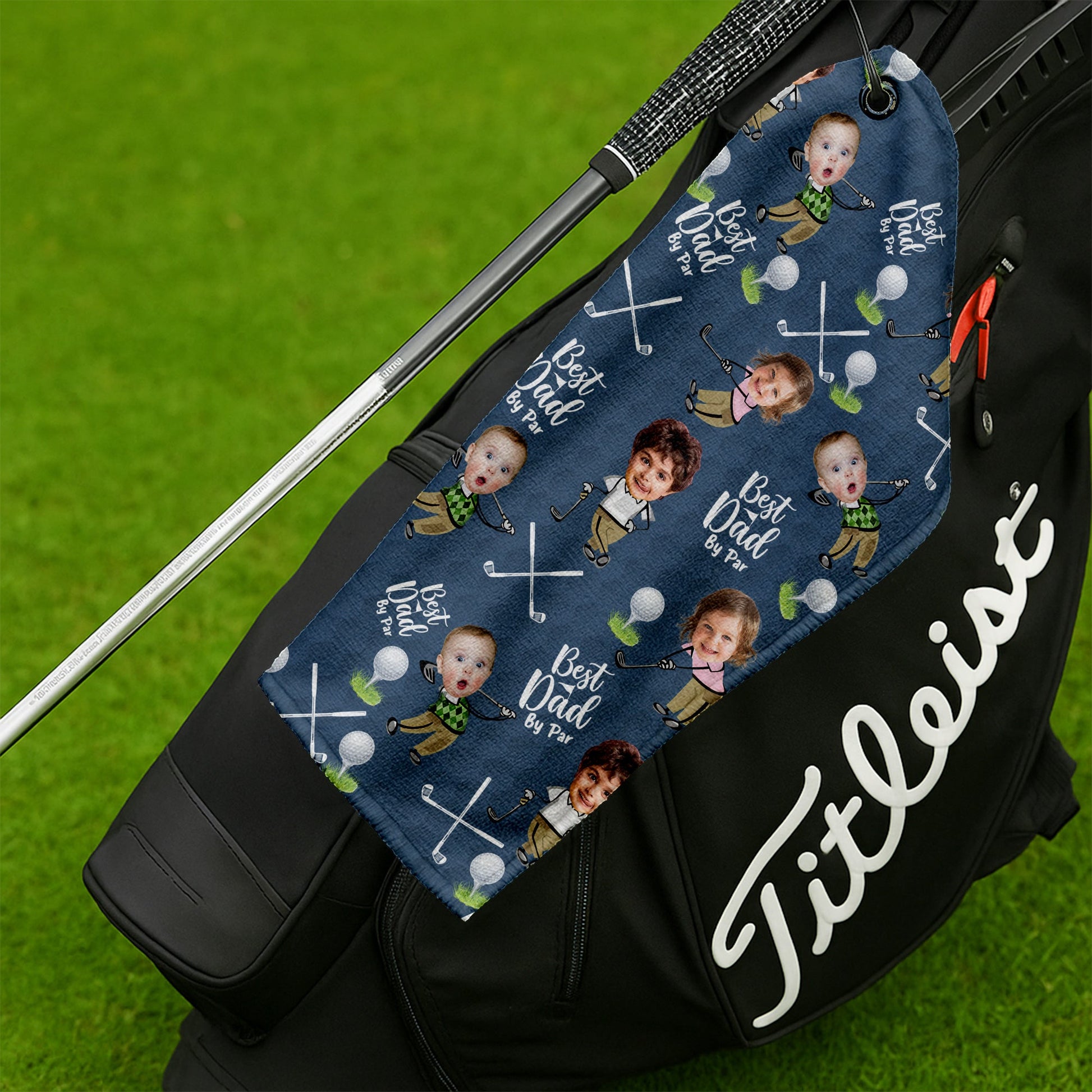 Custom Golf Towel With Kids Photo Best Dad By Par, Custom Photo Blue Towel, Christmas Golf Gift