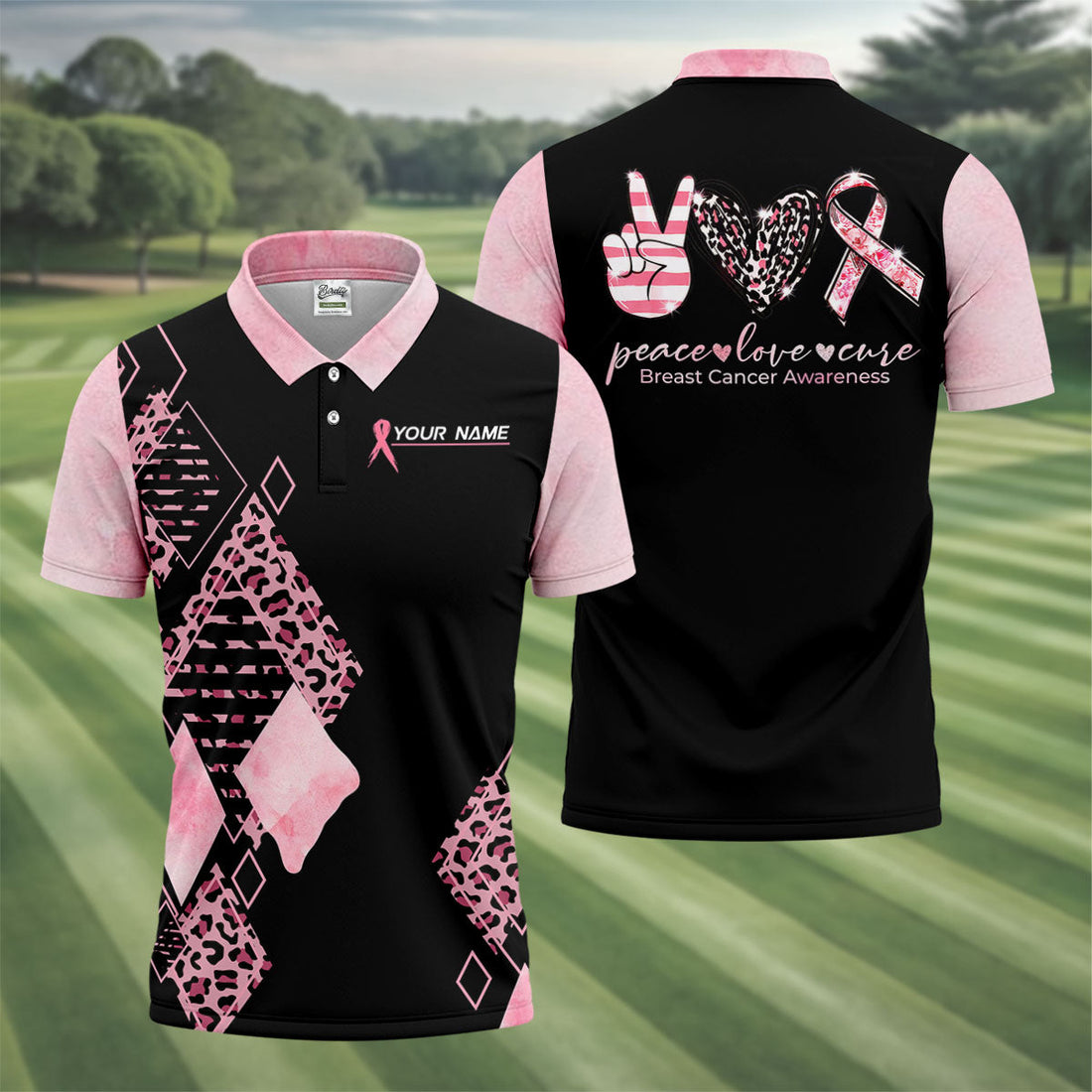 Peace Love Cure Men's Golf Shirt, Breast Cancer Awareness Shirt, Pink Leopard Golf Shirt, Golf Gift For Men