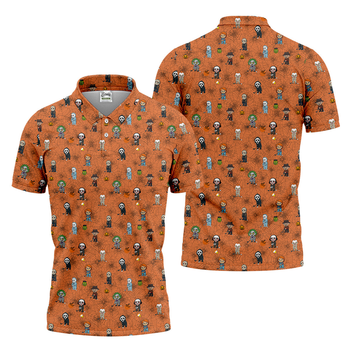 Funny Horror Character Orange Golf Polo Shirt, Horror Movie Shirt, Halloween Golf Shirt, Fun Golf Polos For Men
