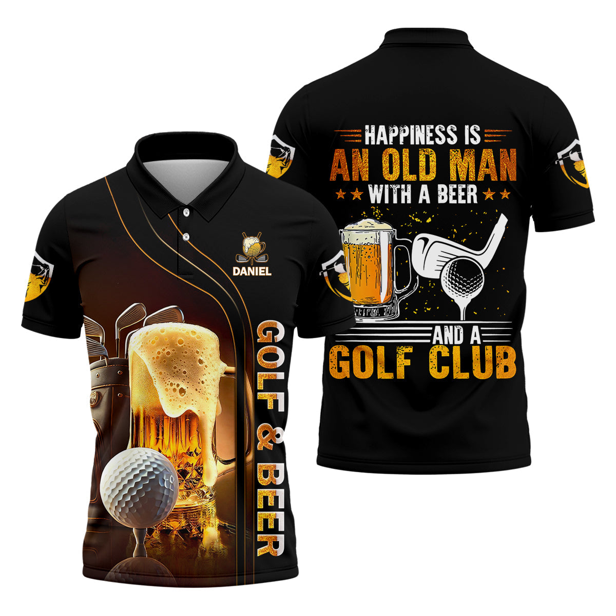 Happiness Is An Old Man With A Beer And A Golf Club Custom Funny Golf Polo Shirt, Dad Golf Gifts