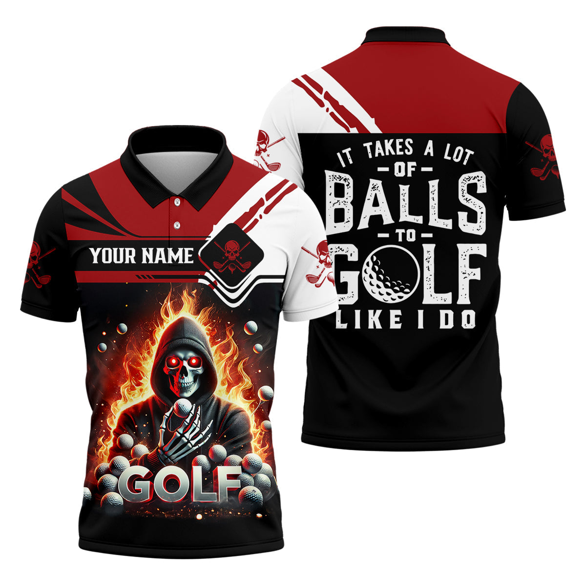 It Takes A Lot of Balls to Golf Like I Do Custom Funny Skull Golf Polo Shirt, Dad Golf Gifts