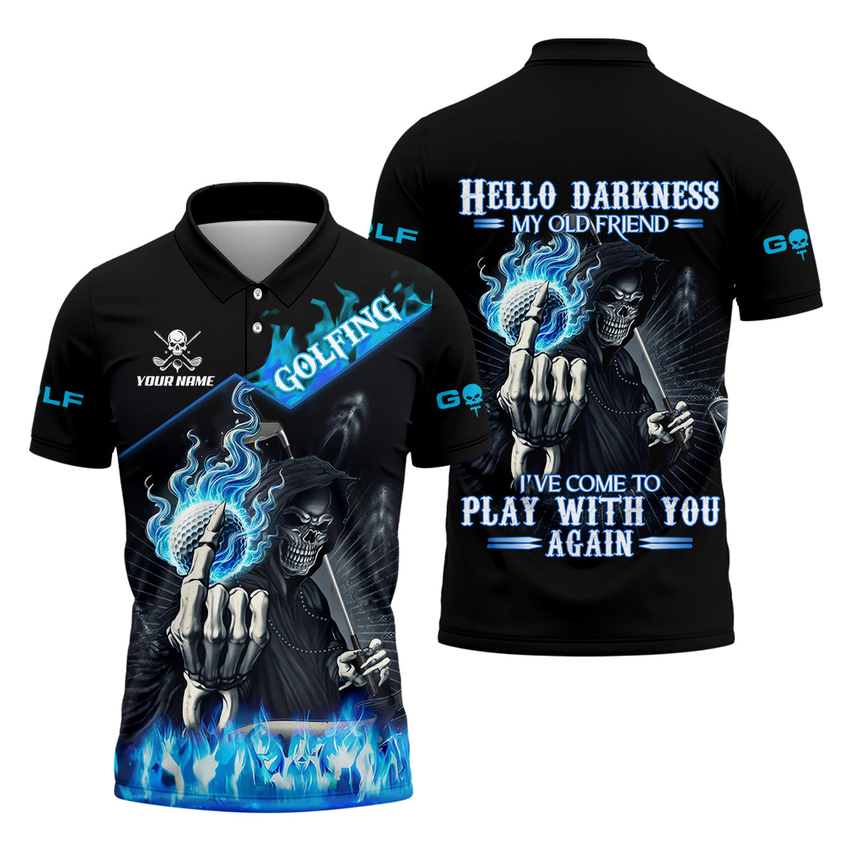 Hello Darkness My Old Friend Custom Men's Golf Polo Shirt, Hilarious Golf Shirt, Skeleton Golf Shirt