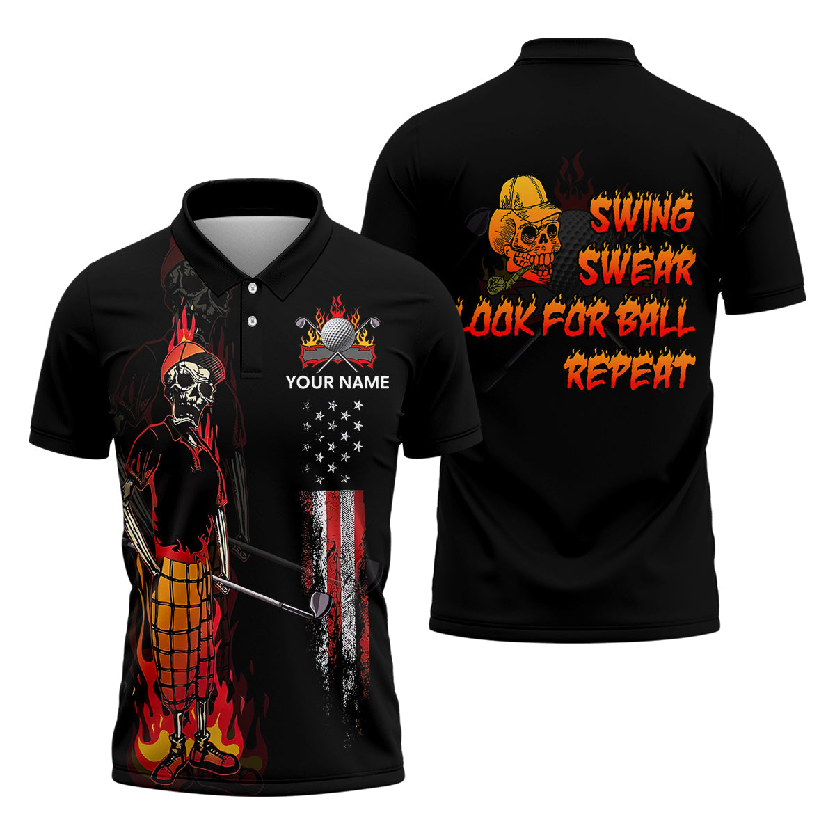 Custom Flaming Skeleton Men's Golf Polo Shirt, Mens Golf Gift, Funny Golf Shirt