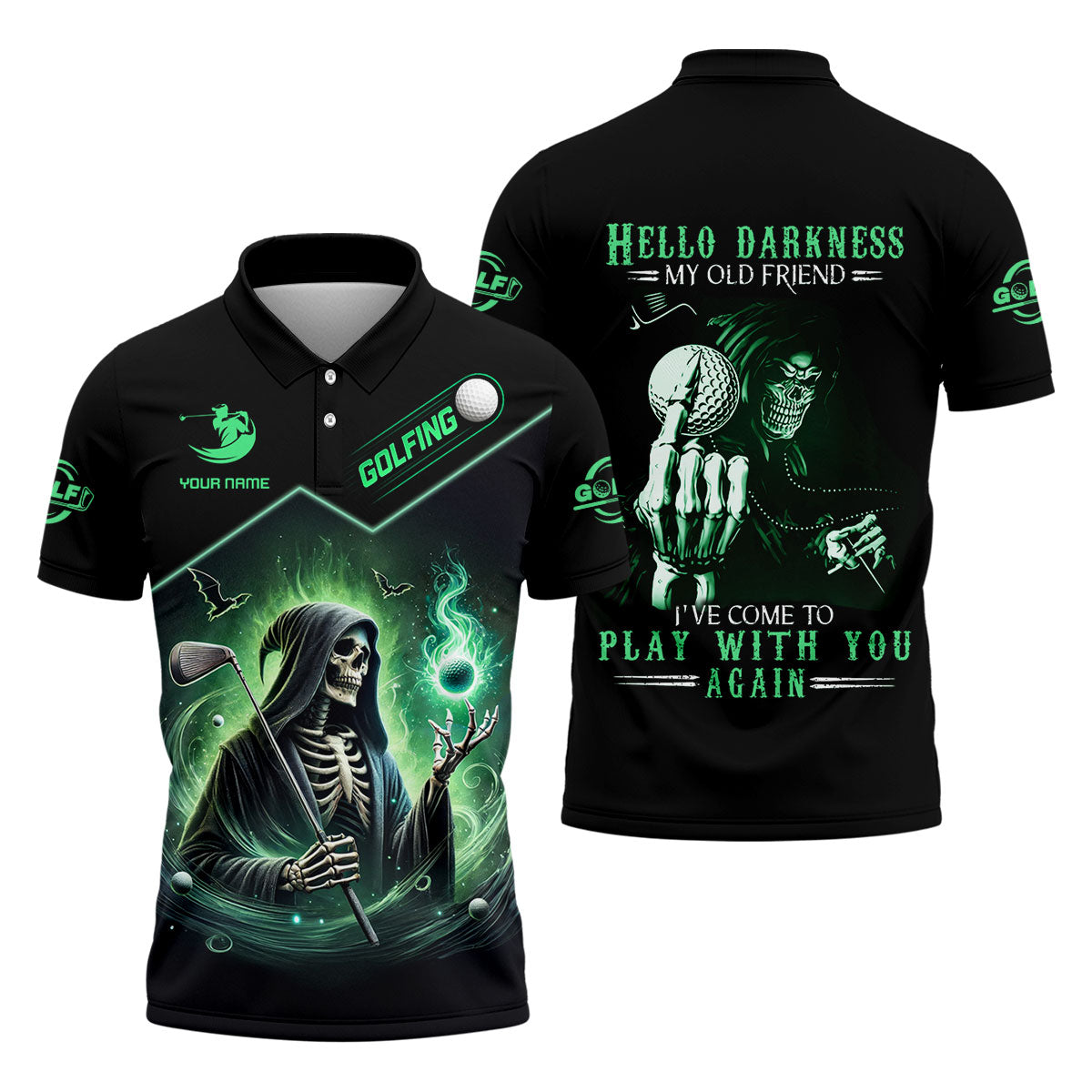 Hello Darkness Custom Men's Golf Polo Shirt, Funny Skull Golf Shirt, Dad Golf Gift