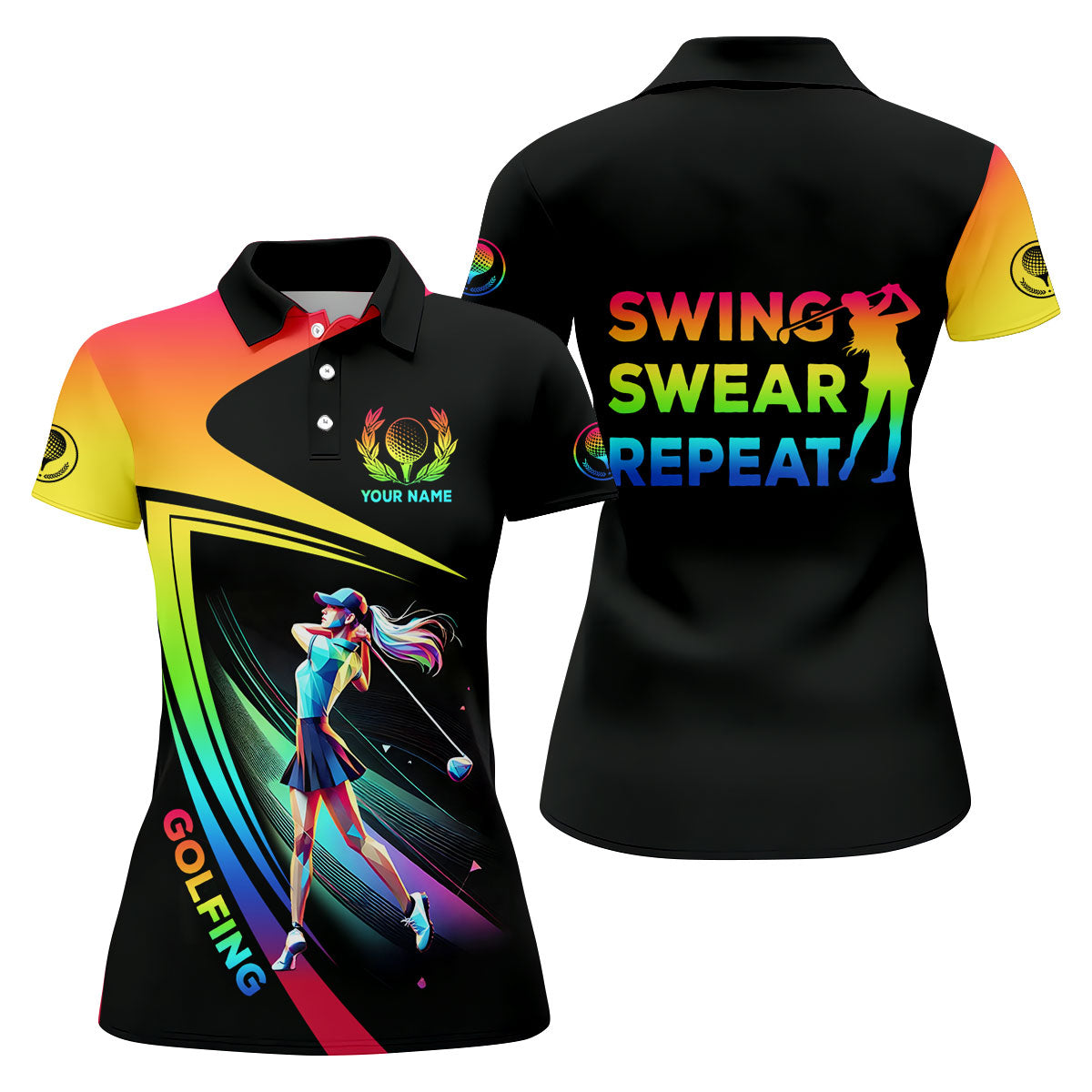 Swing Swear Repeat Personalized Funny Golf Polo Shirt,  Custom Ladies Golf Shirt