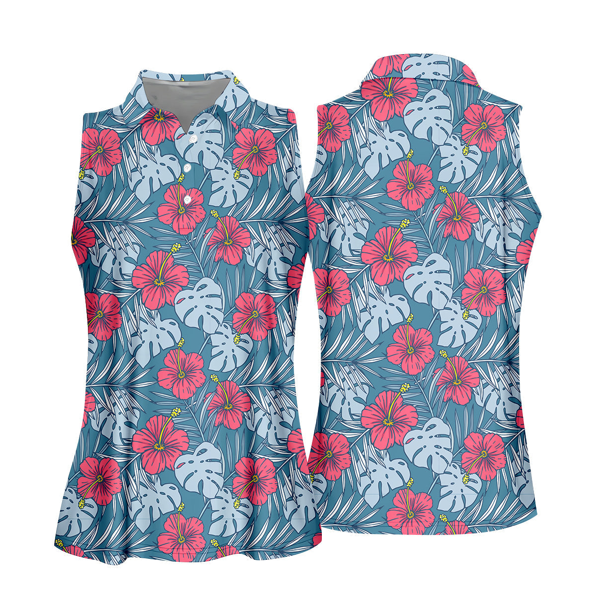 Hibiscus Flower And Leaf Patterned Golf Shirts, Womens Golf Polo Shirts, Tropical Golf Shirts