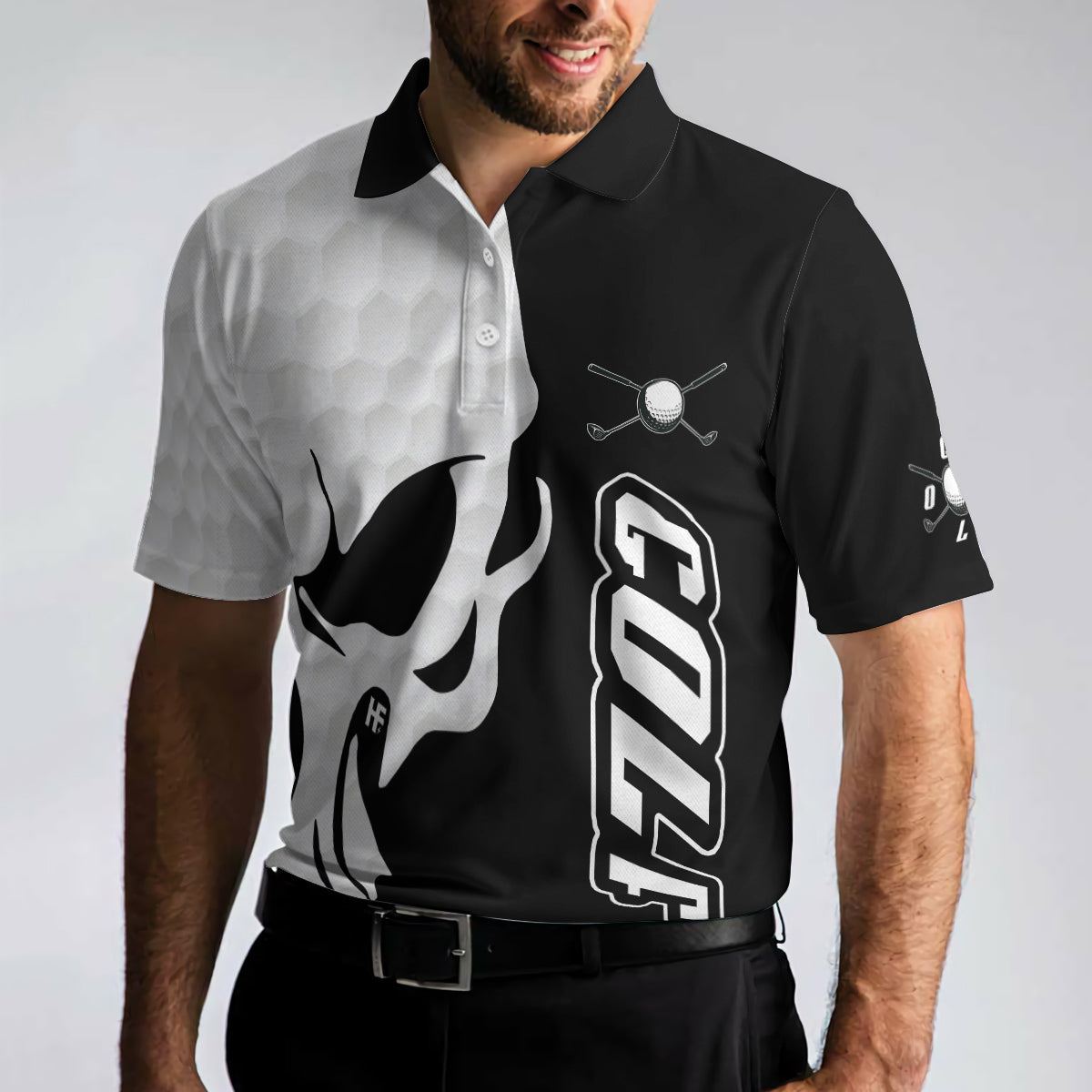Black And White Skull Golf Polo Shirt, Men's Golf Polo Shirt, Golfing Apparel, Mens Golf Gift