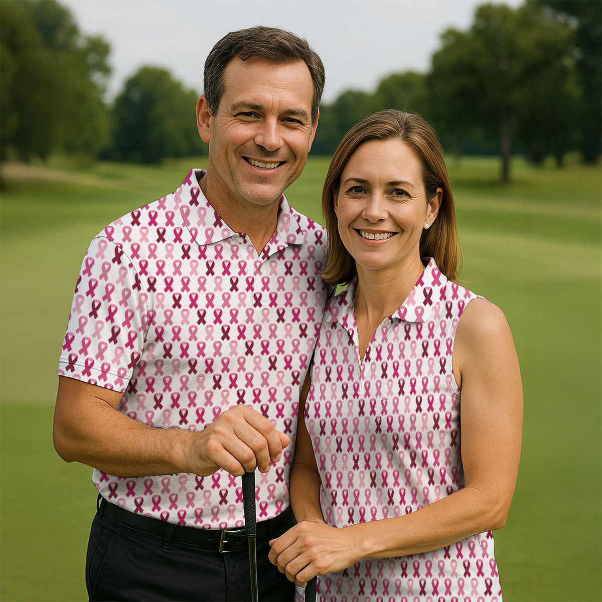 Pink Ribbon Men's Golf Shirt, Pink Golf Shirt Men, Breast Cancer Golf Shirt, Breast Cancer Awareness Shirt