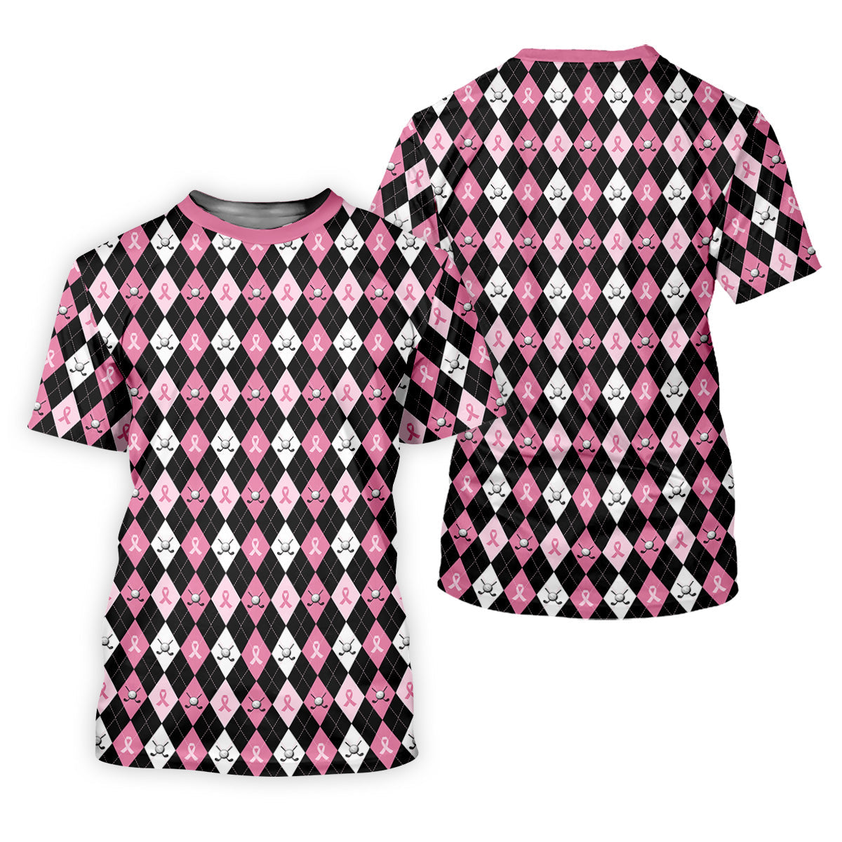 Black Pink Argyle Womens Golf Shirts, Breast Cancer Golf Shirt, Ladies Pink Golf Shirt, Golf Gift For Womens