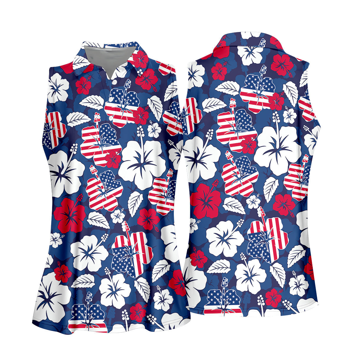 Tropical Hibiscus American Flag Womens Golf Polo Shirt,  Patriotic Golf Shirt, USA Golf Shirt Custom Ladies Golf Shirt