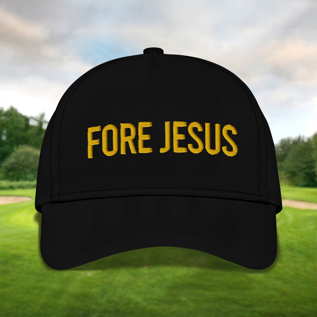 Fore Jesus Yellow Embroidered Baseball Cap, Funny Dad Hat, Christmas Golf Gift