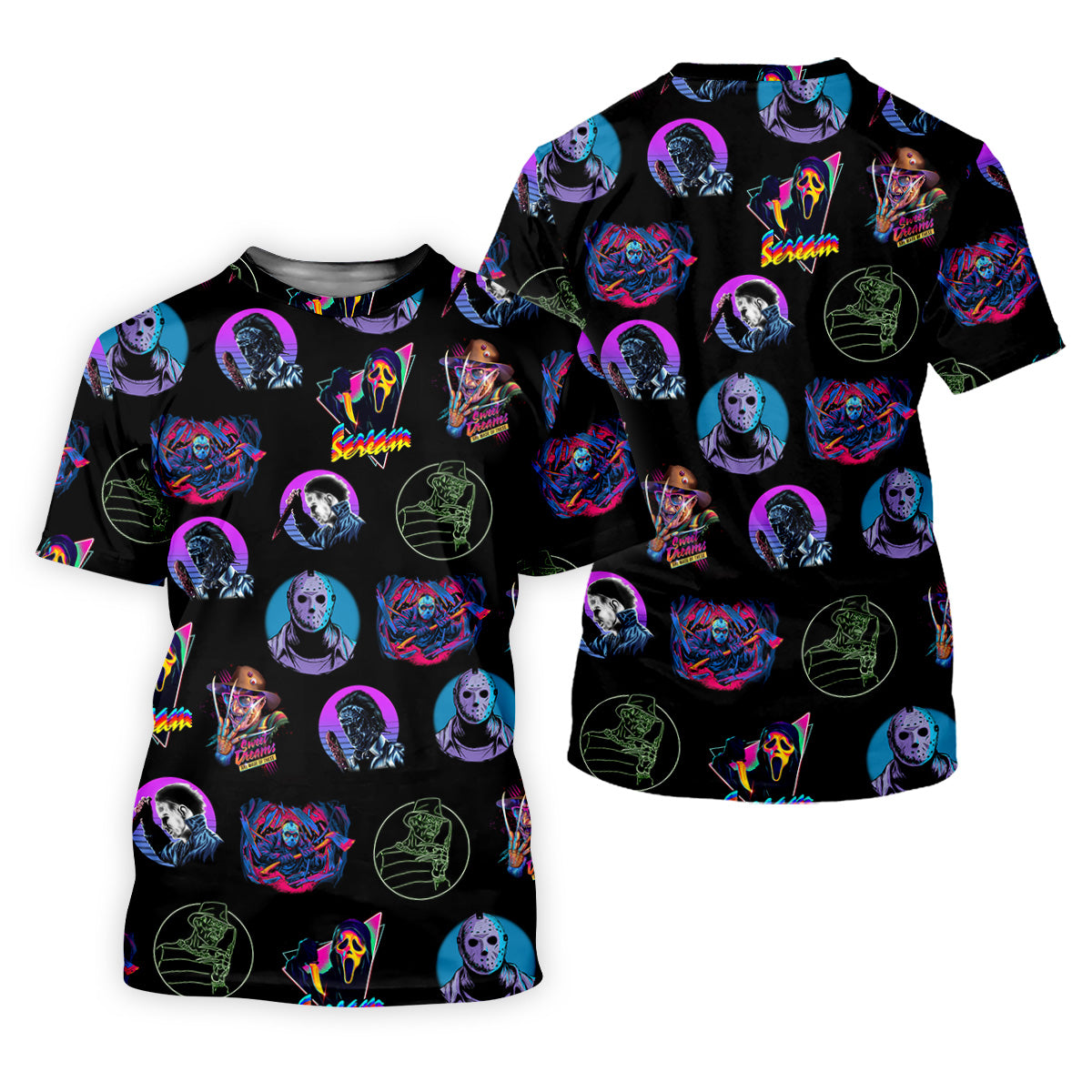 Funny Horror Character Men's Golf Shirt, Horror Character Neon Shirt, Halloween Golf Shirt, Men's Halloween Shirts