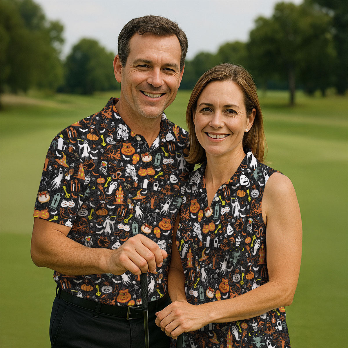 Trick or Treat Spooky Ghost Pumpkin Men's Golf Shirt, Halloween Golf Shirt, Fun Golf Shirts For Mens