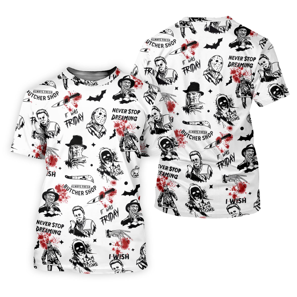 Horror Halloween Character White Golf Shirt, Fun Golf Shirts For Men, Horror Movie Shirt