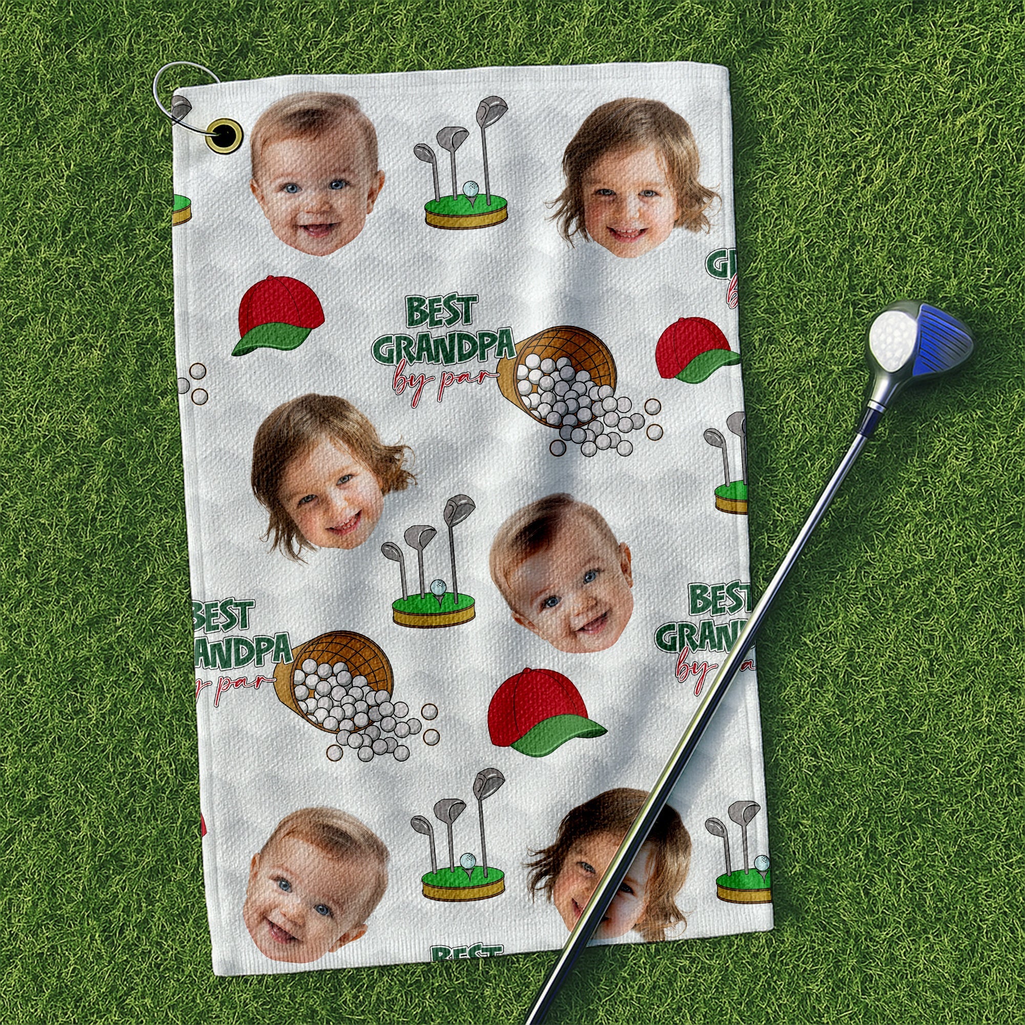 Best Grandpa By Par Custom Face White Small Funny Golf Towel, Golf Gift For Dad