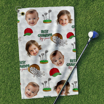 Best Grandpa By Par Custom Face White Small Funny Golf Towel, Golf Gift For Dad