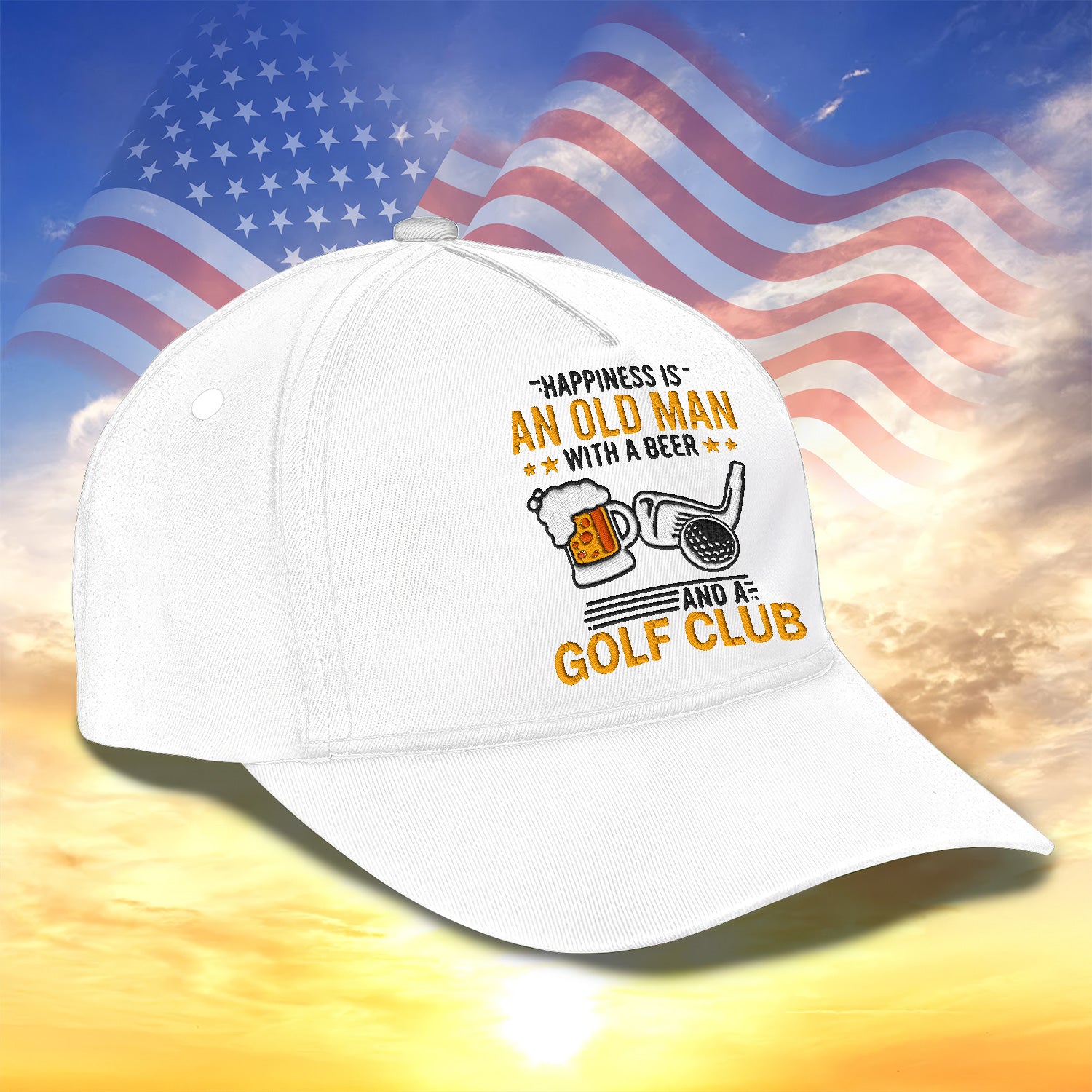 Happiness Is An Old Man With A Beer And A Golf Club Embroidered Baseball Cap, Golf Hat, Dad Golf Gift