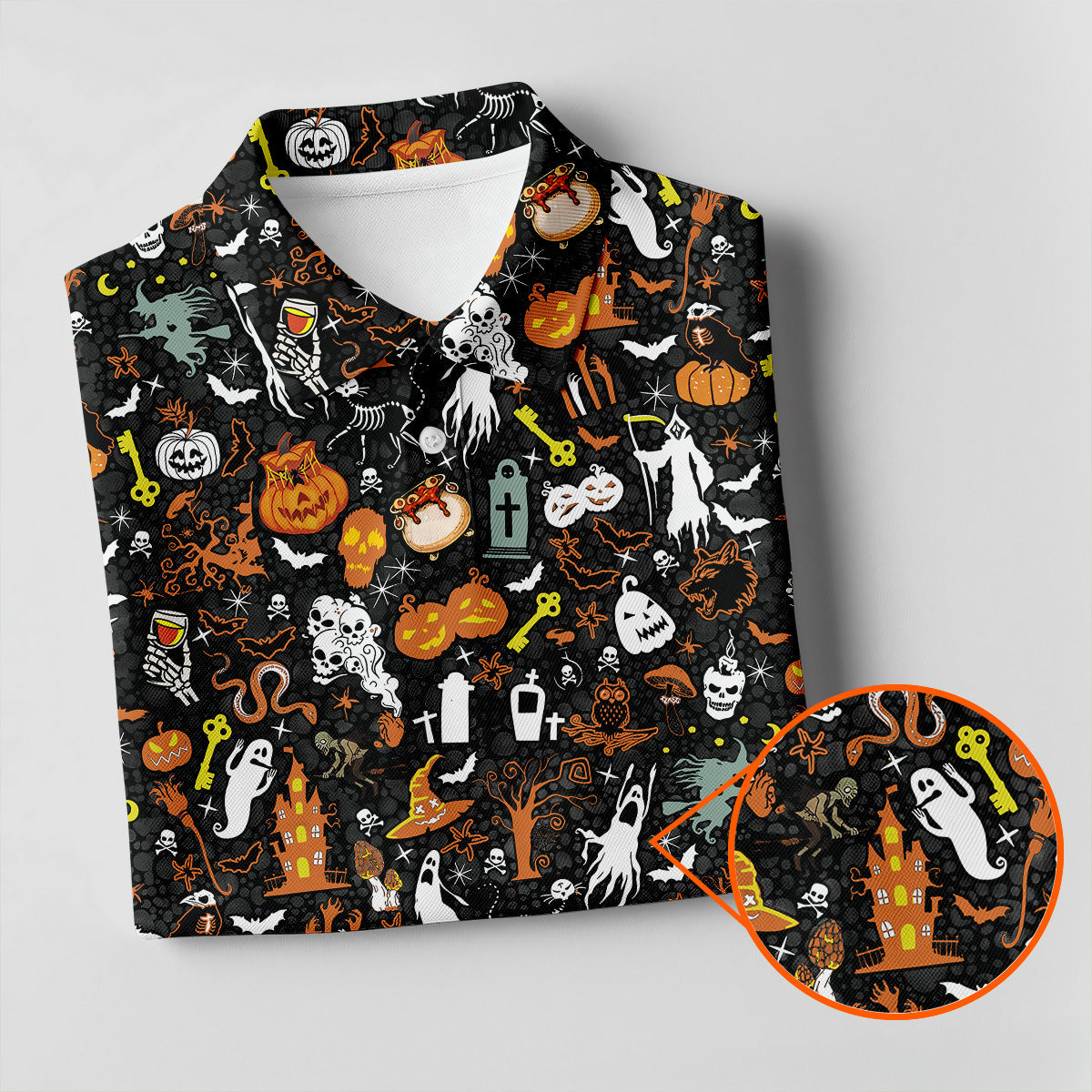 Trick or Treat Spooky Ghost Pumpkin Men's Golf Shirt, Halloween Golf Shirt, Fun Golf Shirts For Mens