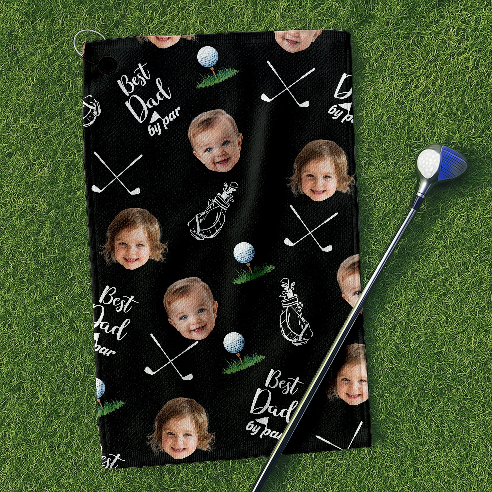 Best Dad By Par Custom Face Black Small Funny Golf Towel, Golf Gifts For Dad, Gifts For The Golfing Dad