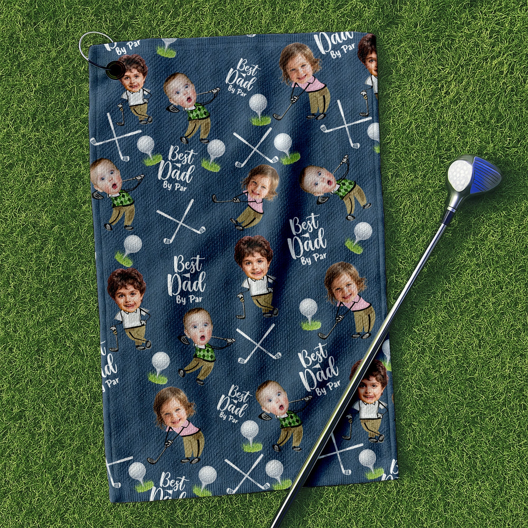 Custom Golf Towel With Kids Photo Best Dad By Par, Custom Photo Blue Towel, Christmas Golf Gift